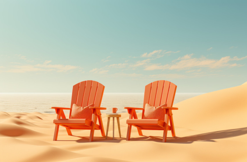 Relaxing chairs sand buckets and a chilled soda can