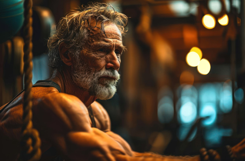 Grandpa showing off muscles in fitness center