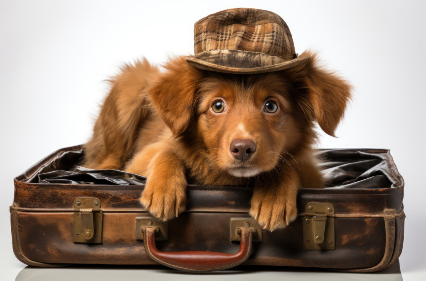 Dog in hat with suitcase on white background