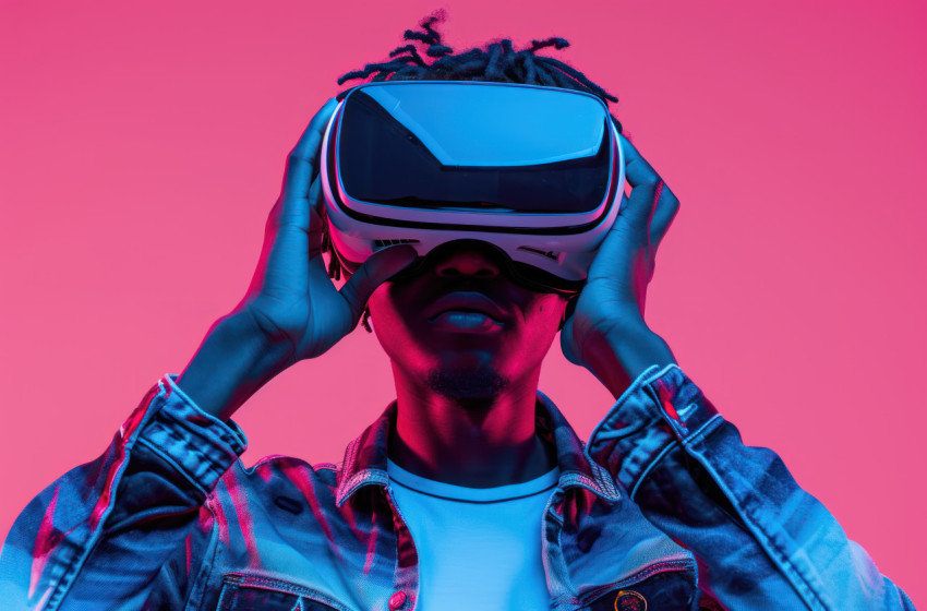 A guy with a VR headset on a pink background