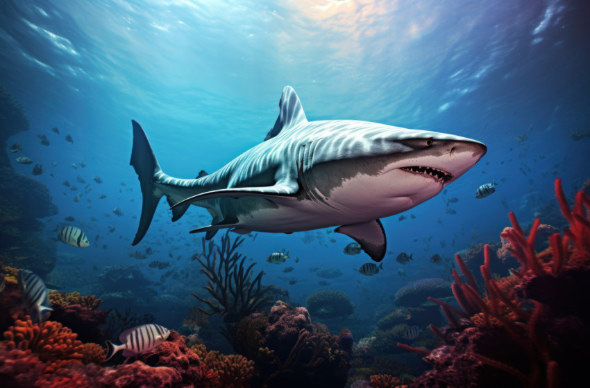 Tiger shark swimming near coral reef in the ocean