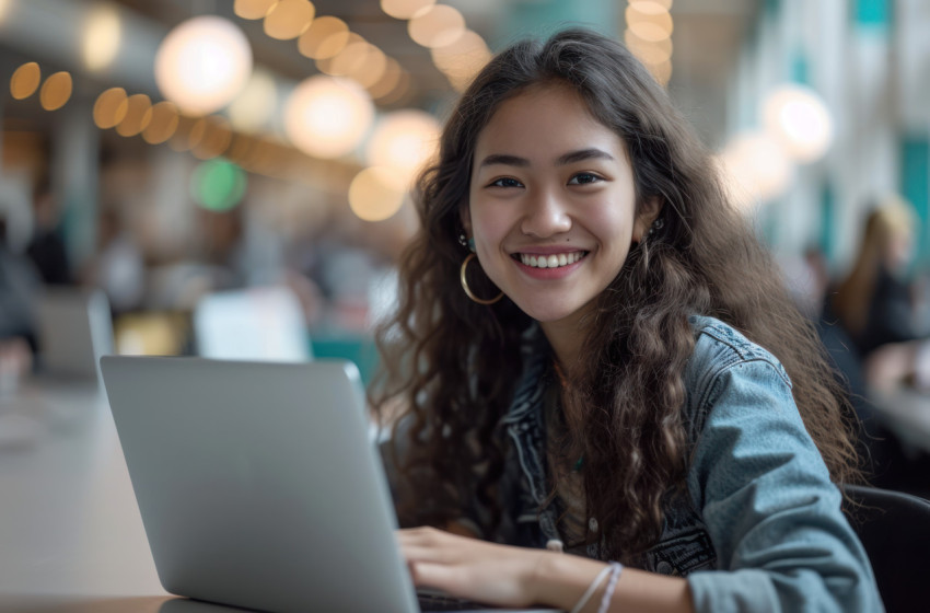 Young female smiling working on laptop in office