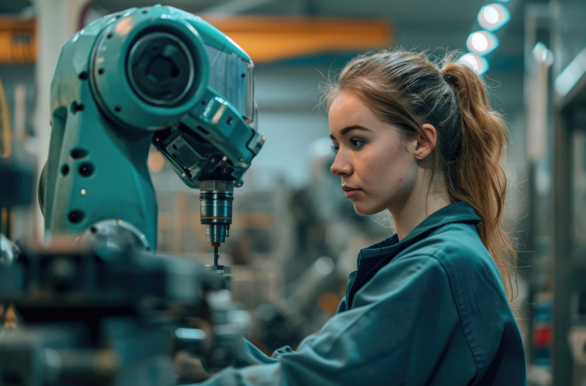 Workshop woman looks at factory robotic device