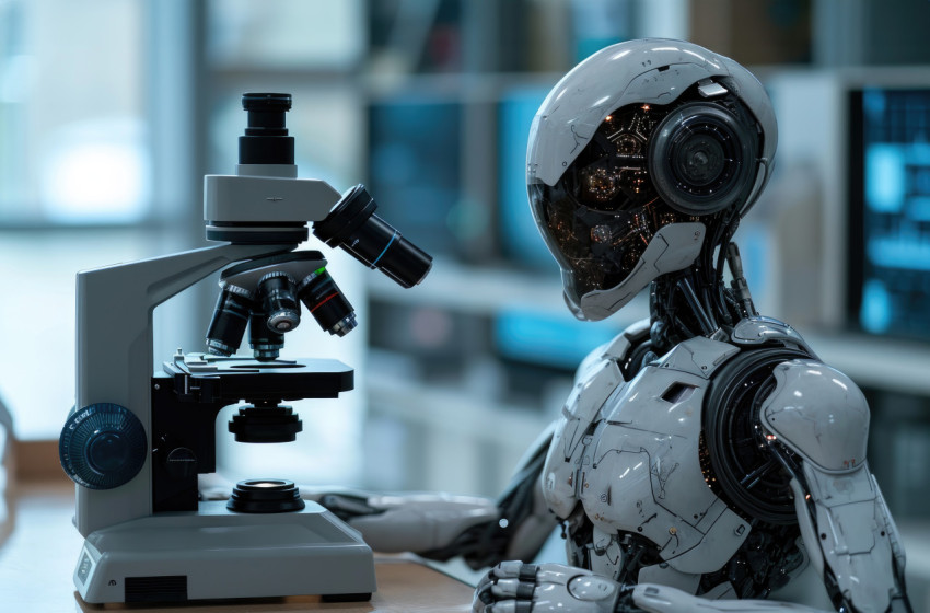 Robot seated at a microscope