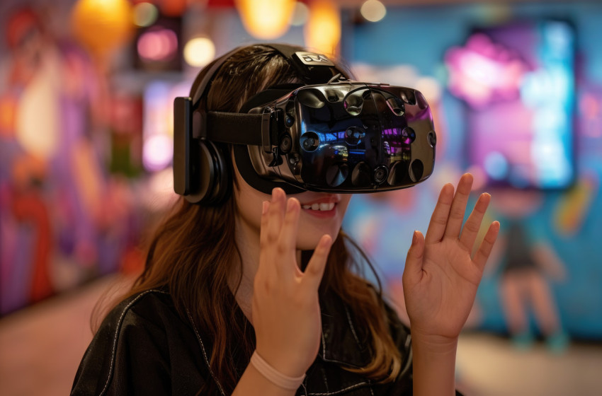 Girl in VR headset playing hands in motion