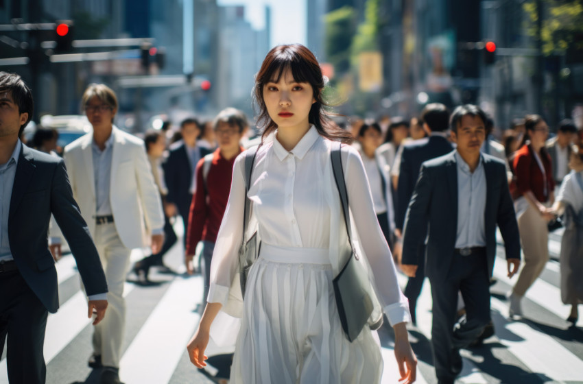 People crossing bustling urban street in photo