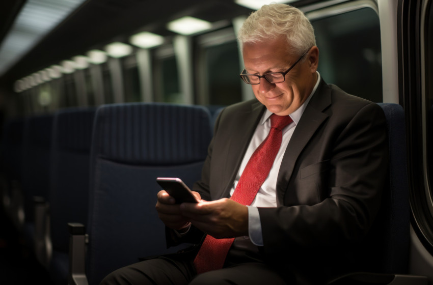 Man in suit using smartphone on train