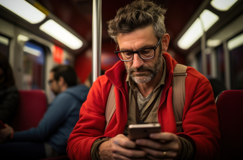 A middle aged man seated on a train using phone