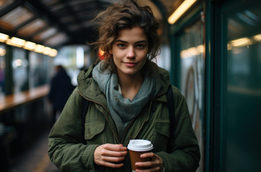 Young woman holding coffee outside metro station