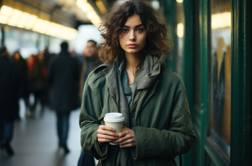 Woman enjoying coffee outside metro station