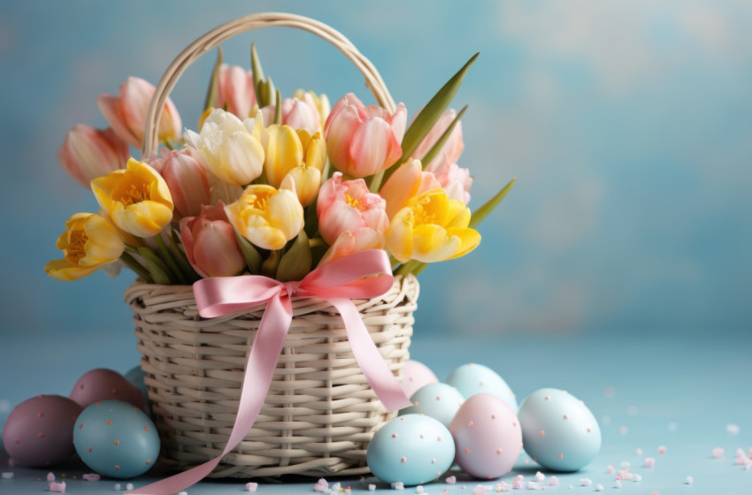 Festive easter basket with presents and cheerful yellow tulips