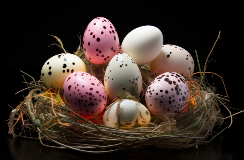 A cluster of eggs in shades of colorful resting on a bed of straw