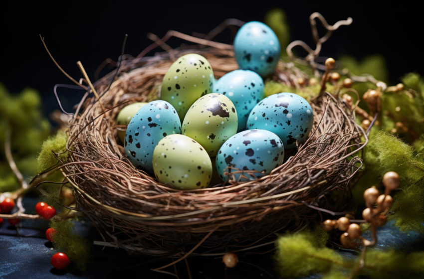 A nest adorned with colorful easter eggs