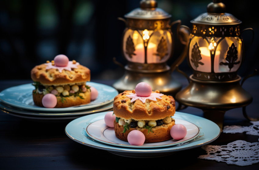 A trio of small easter cakes displayed on a dish alongside a vintage lantern