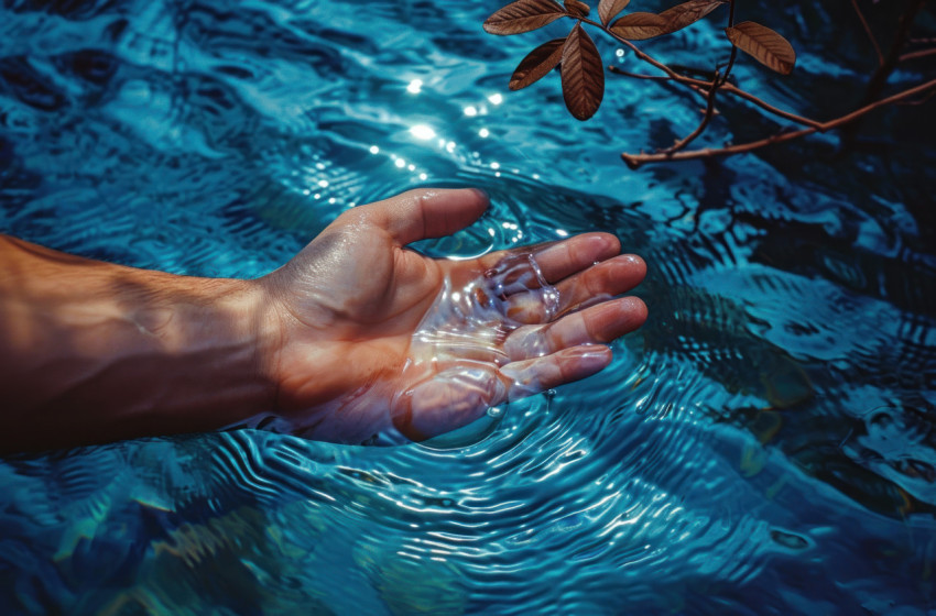 Hand in a watery sea under a tree leaf