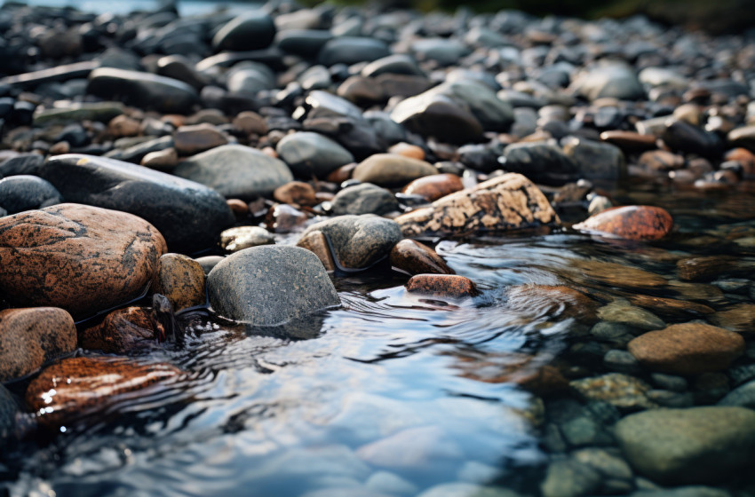 Clear river water flows smoothly over rocks and pebbles in a serene natural scene