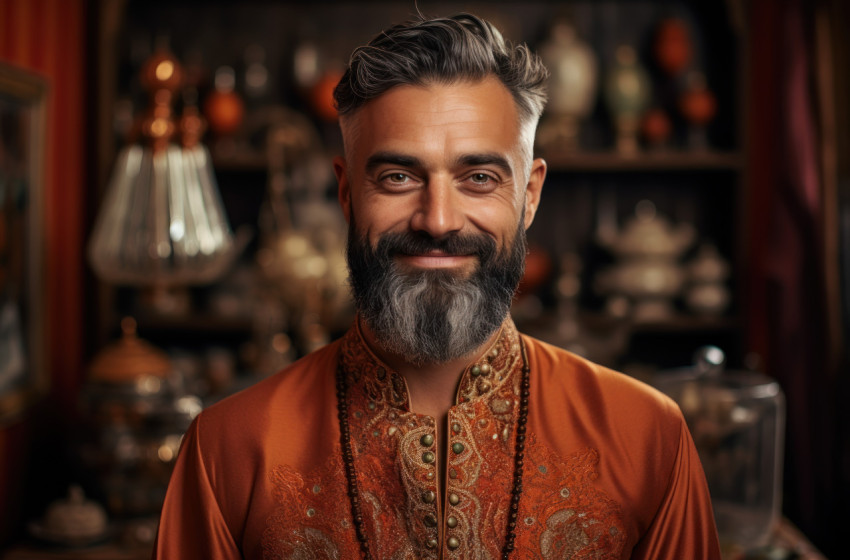 Smiling man in indian clothing poses proudly in front of decorated home for a festive occasion