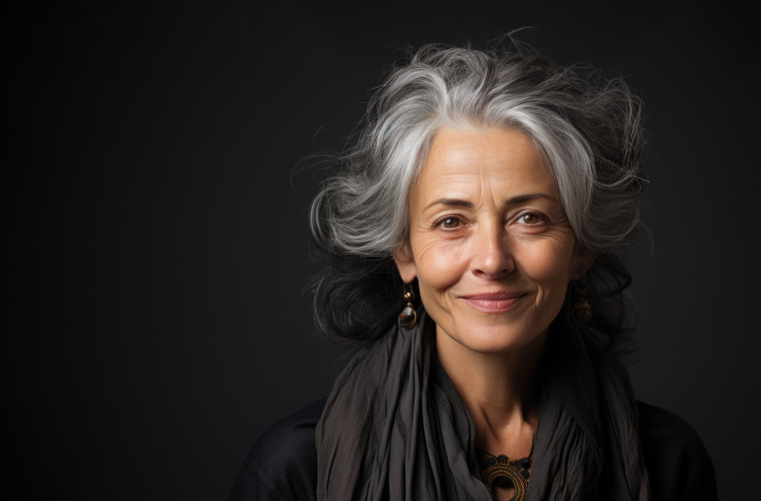 Grey haired woman gracefully poses for a portrait radiating charm and embracing her authentic self