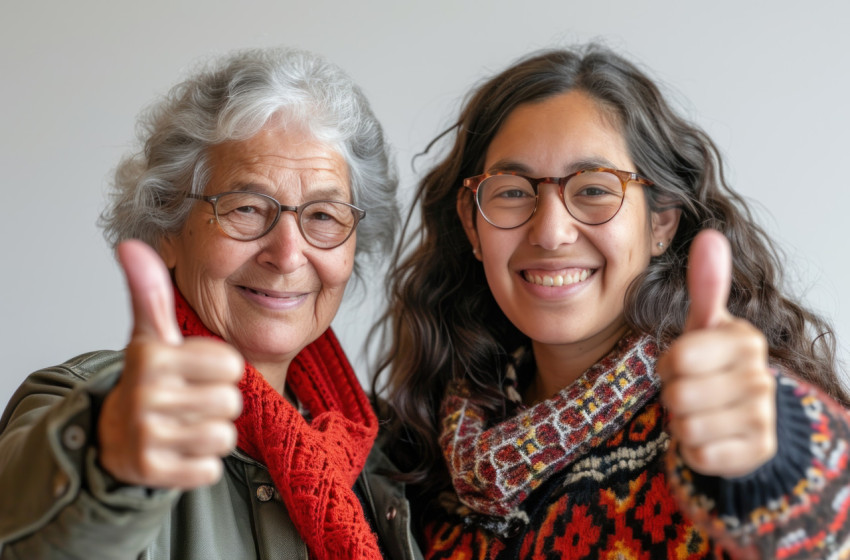 Two joyful women giving a positive thumbs up gesture against a simple white backdrop