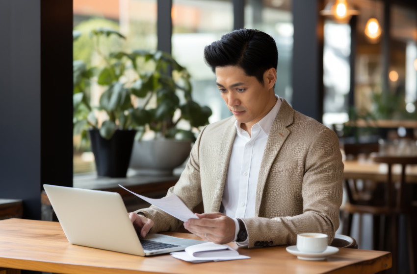 An asian man multitasking with a laptop and documents in hand