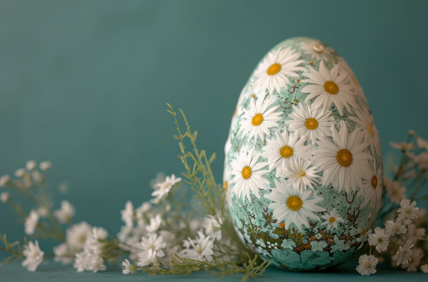 White floral decorations on an easter egg