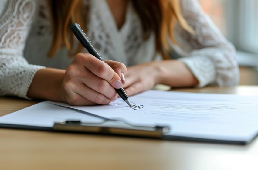 Person at desk signing paper on table