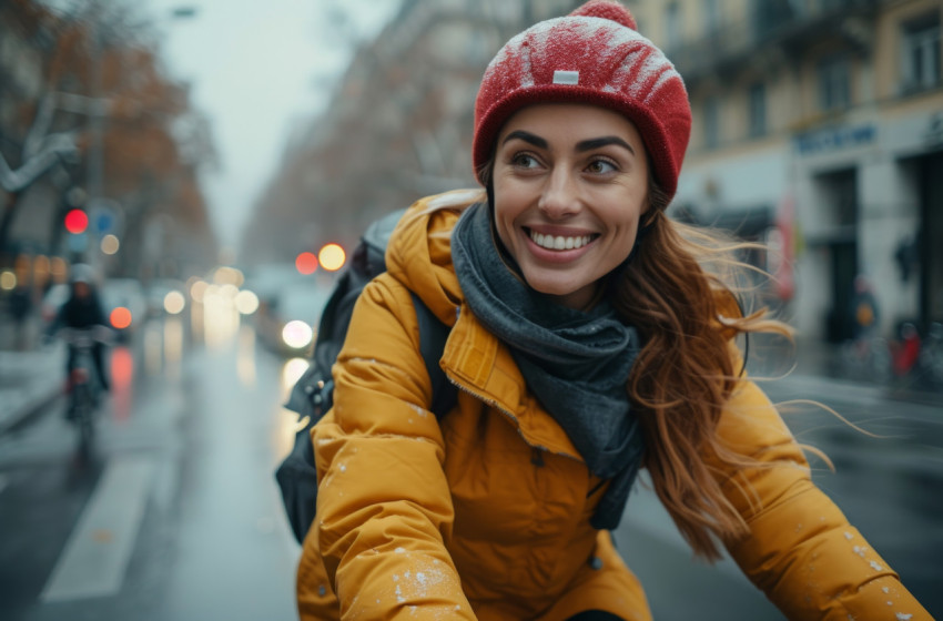 Smiling woman cycling on a city street