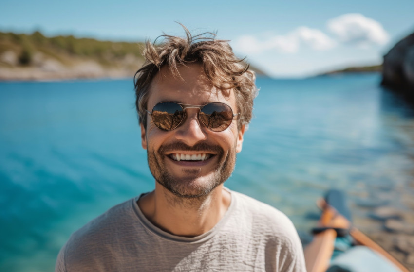 Joyful man in sunglasses poses by a peaceful blue lake