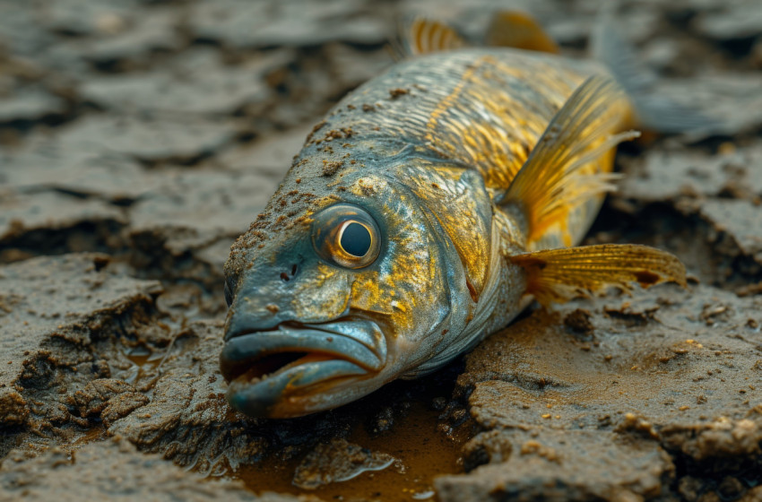 Lifeless fish on arid ground