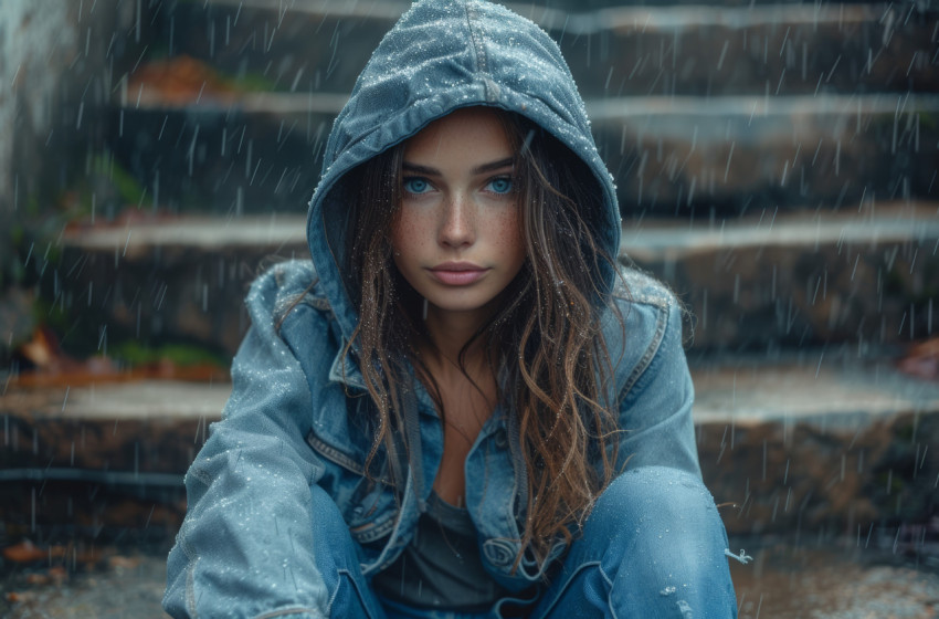 Casual woman in hoodie and jeans relaxing on steps