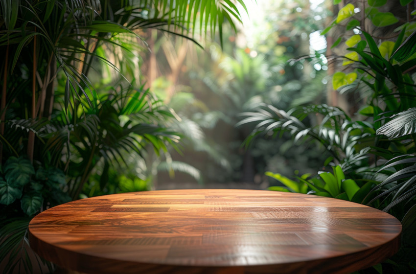A round wooden table set against a plants backdrop