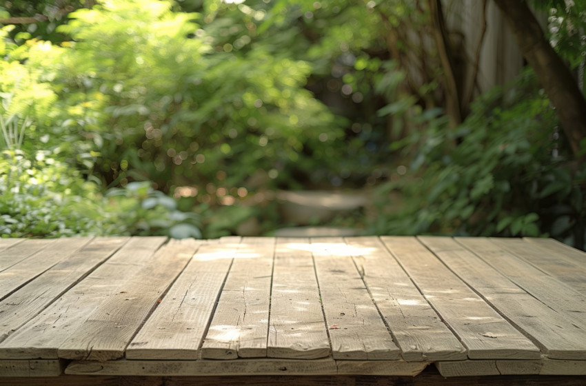 A rustic wooden table in a serene garden setting