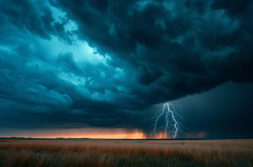 Dark clouds loom as lightning a vast field