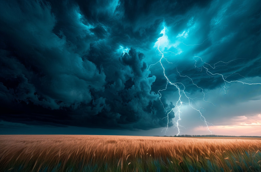 Lightning strikes dramatically over a vast field