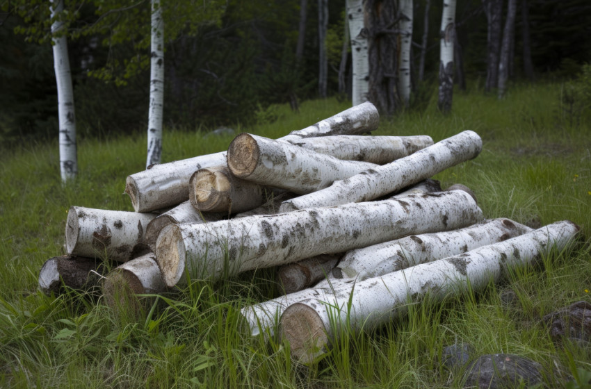 Pile of birch logs in the green grass by the woods