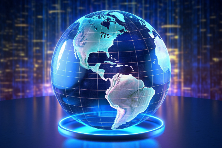 A photo of a digital technology hologram of a globe or map graph background