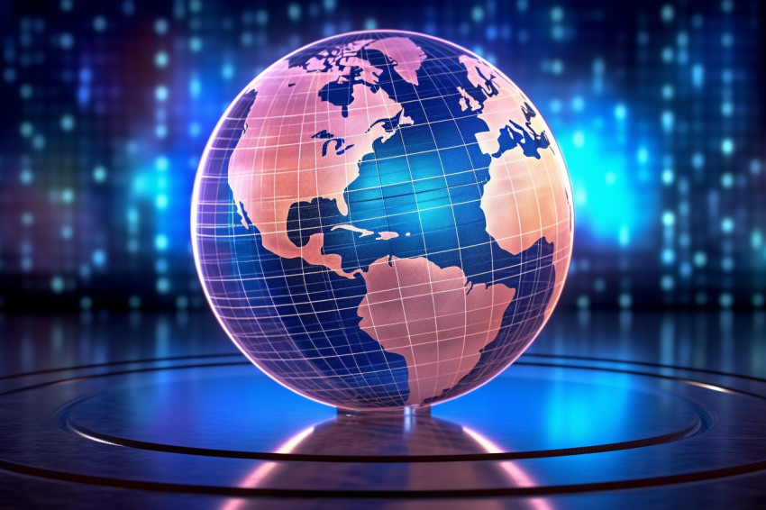 A photo of a digital technology hologram of a globe or map graph background