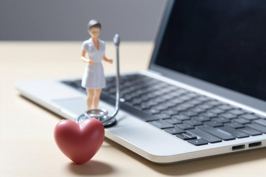 A woman in a white t shirt is holding up a stethoscope in front of a laptop, Health and Medical stock image