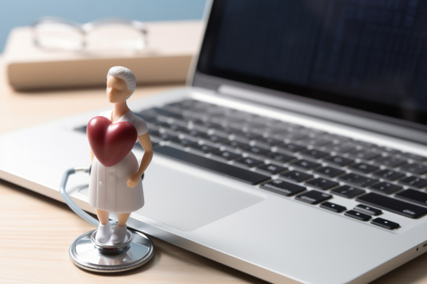 A woman in a white t shirt is holding up a stethoscope in front of a laptop, Health and Medical stock image