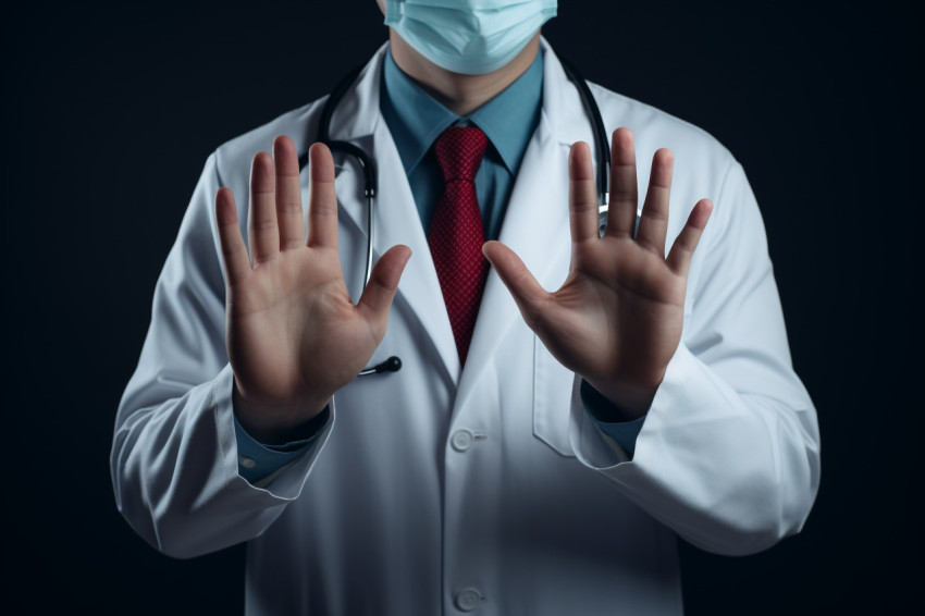 Doctor gesture of hands showing stopping the sign and a stethoscope, Health and Medical stock image