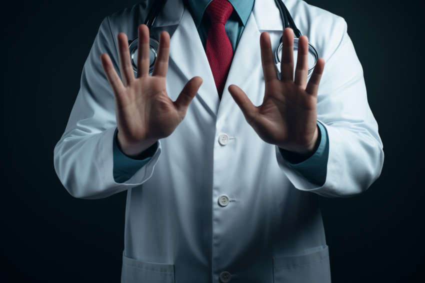 Doctor gesture of hands showing stopping the sign and a stethoscope, Health and Medical stock image