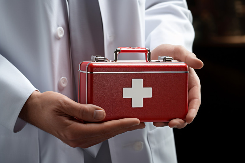 Doctor gives first aid medical kit model to a patient, Health and Medical stock image