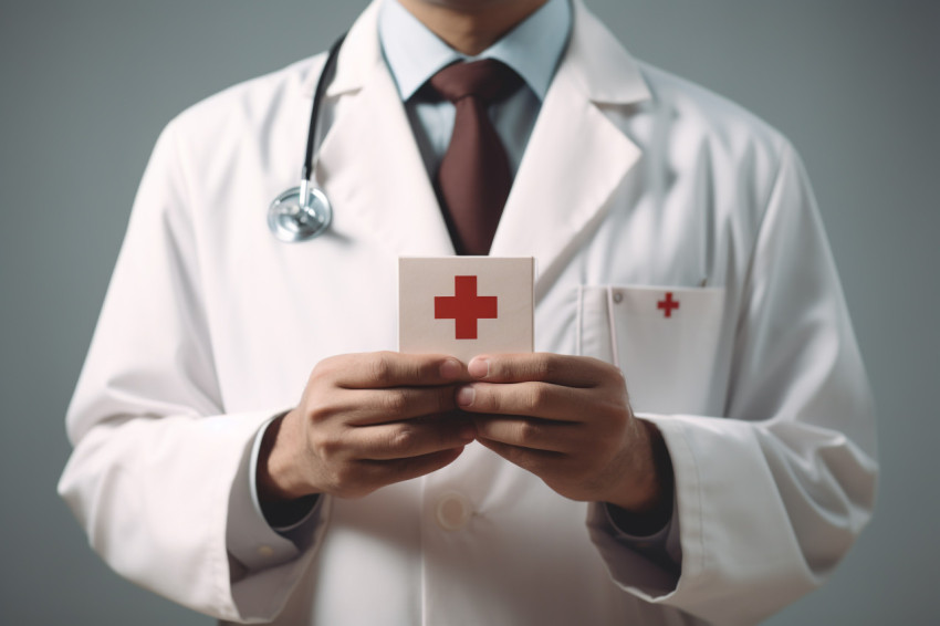 Doctor with red cross emblem on white background premium photo image 123, Health and Medical stock image