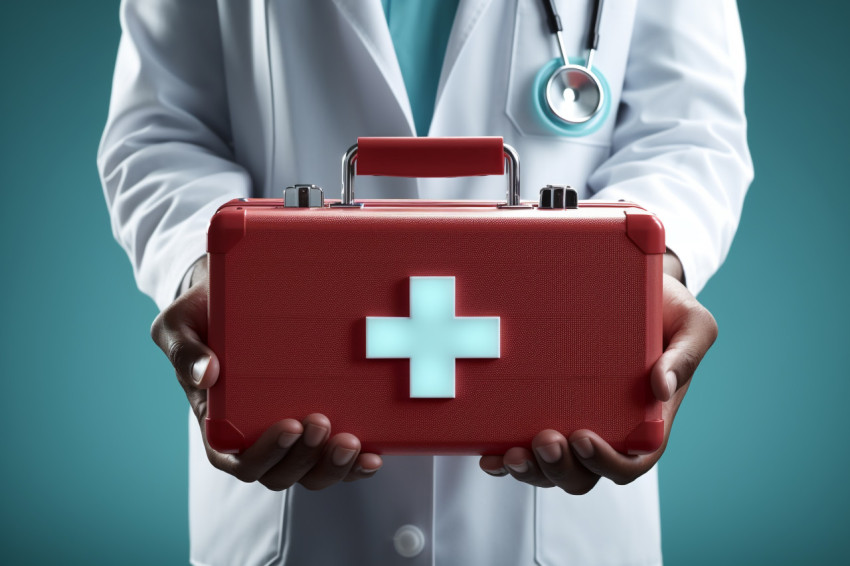 Doctor gives first aid medical kit model to a patient, Health and Medical stock image