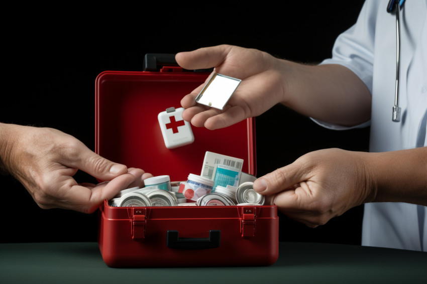 Doctor gives first aid medical kit model to a patient, Health and Medical stock image