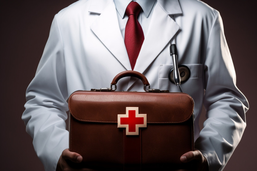 Doctor with red cross emblem on white background premium photo image 123, Health and Medical stock image