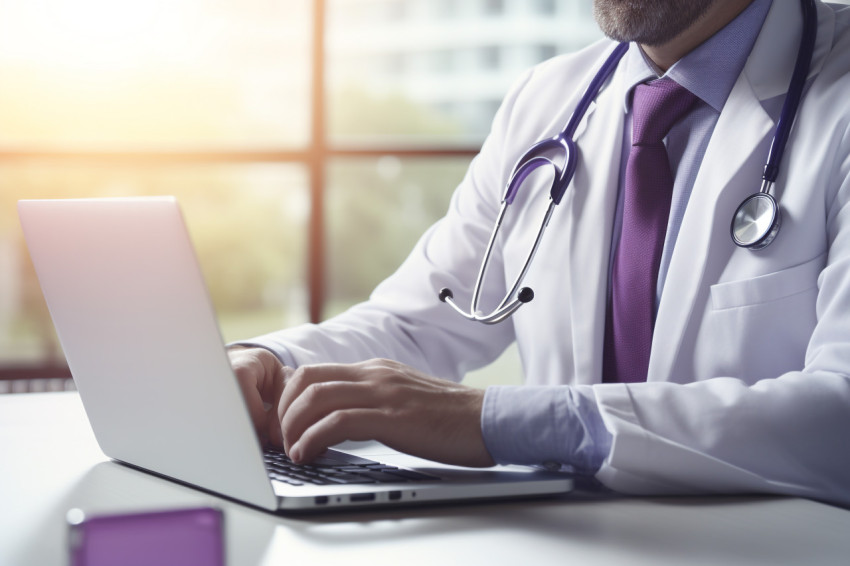 A doctor holding a stethoscope in front of a laptop screen, Health and Medical stock image