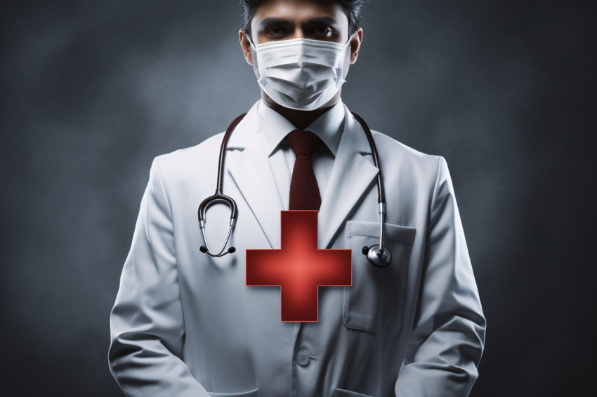 Doctor with red cross emblem on white background premium photo image 123, Health and Medical stock image