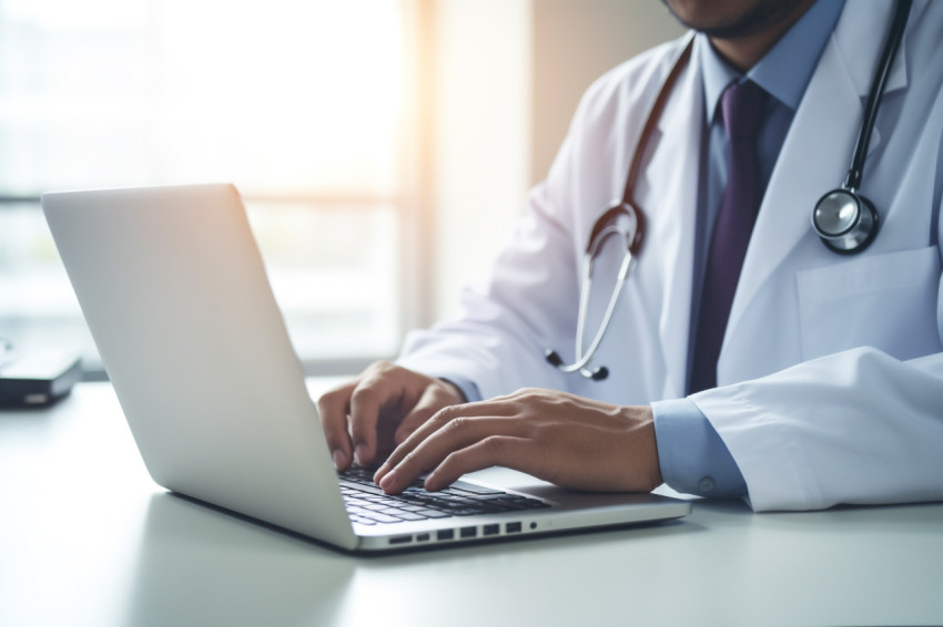 A doctor holding a stethoscope in front of a laptop screen, Health and Medical stock image