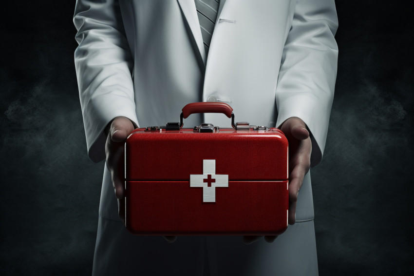 Doctor with a red first aid kit in his hand, Health and Medical stock image